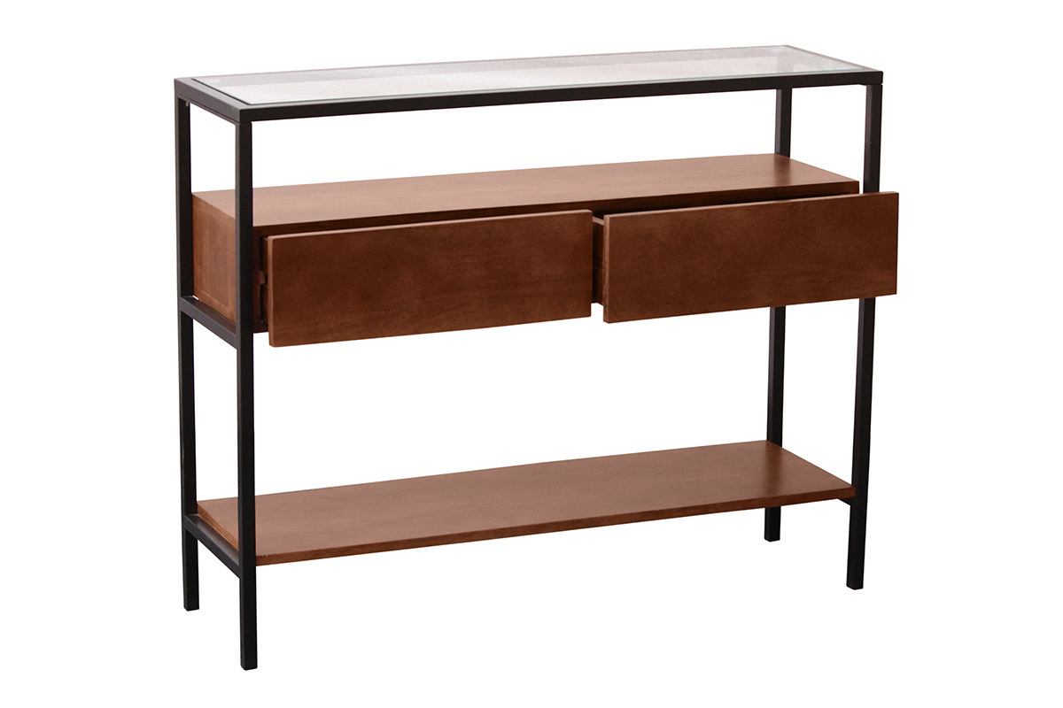 Consola de madera maciza de mango oscuro con tablero de cristal y 2 cajones, vista de 3/4.