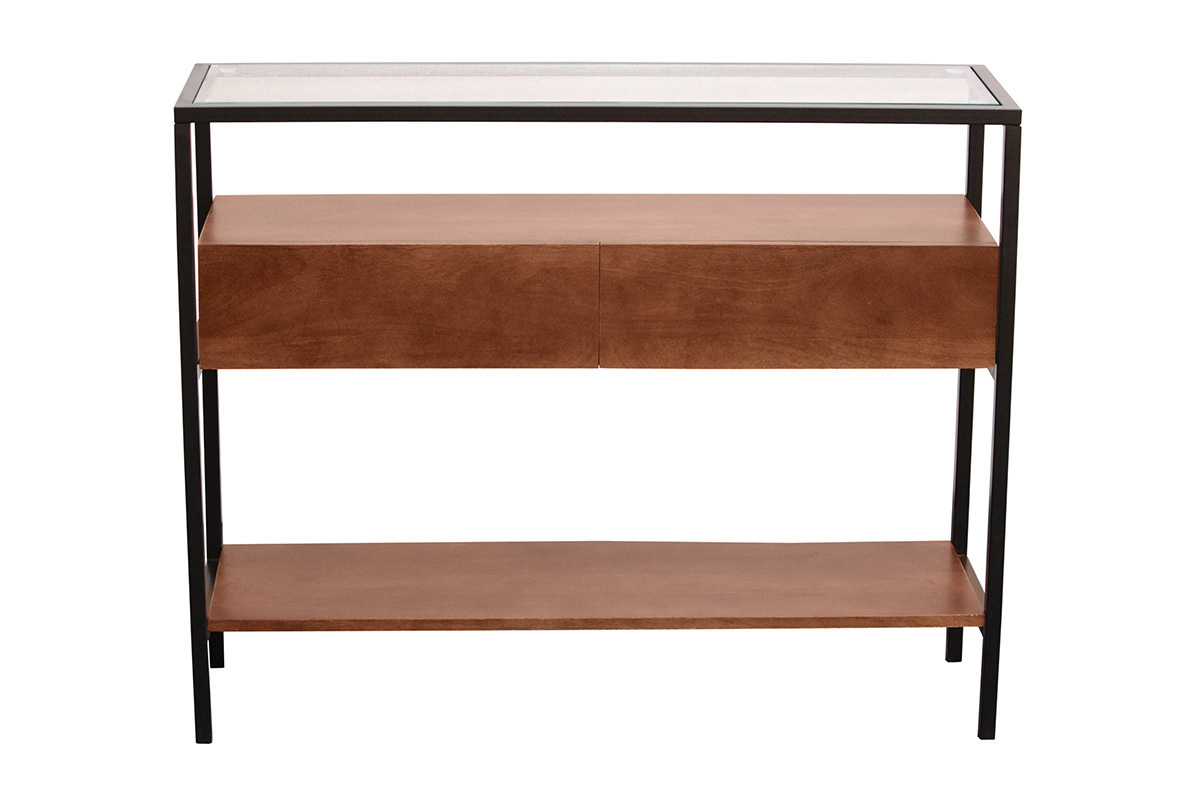 Consola de madera de mango oscura con tablero de vidrio y dos cajones, vista frontal.