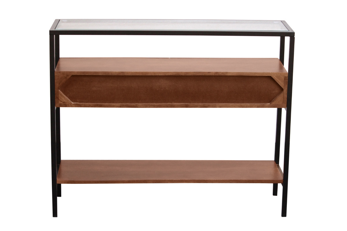 Consola de madera de mango oscura con tablero de vidrio, vista trasera, 2 cajones, L100 cm SITA