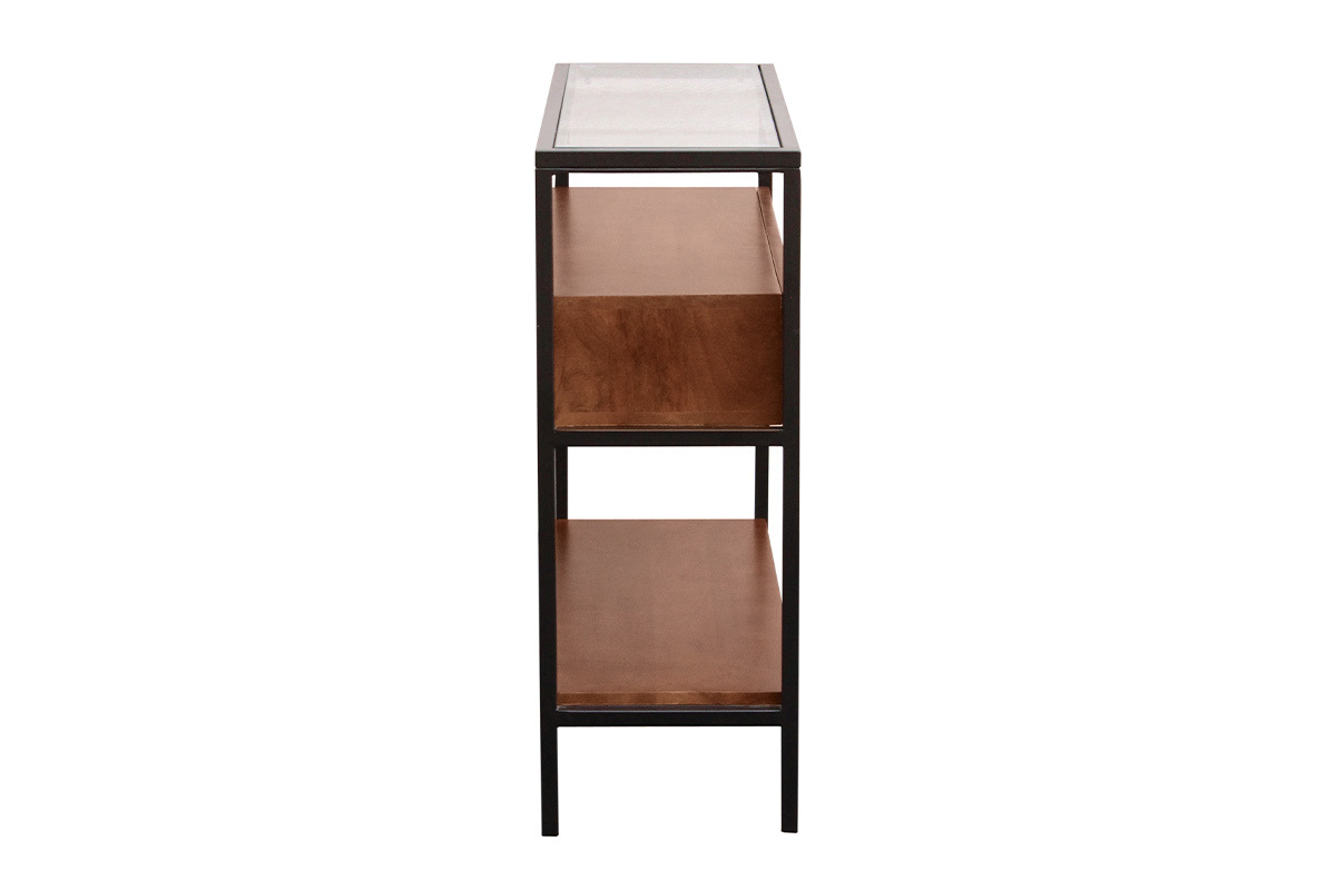 Consola SITA de madera oscura con tablero de vidrio, dos cajones, vista de perfil.