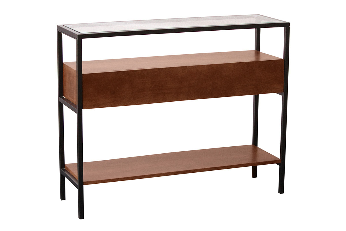 Consola SITA de madera de mango maciza oscura con tablero de cristal, dos cajones, vista en 3/4