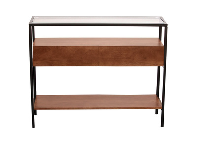 Consola de madera de mango maciza oscura y tablero de vidrio 2 cajones L100 cm SITA