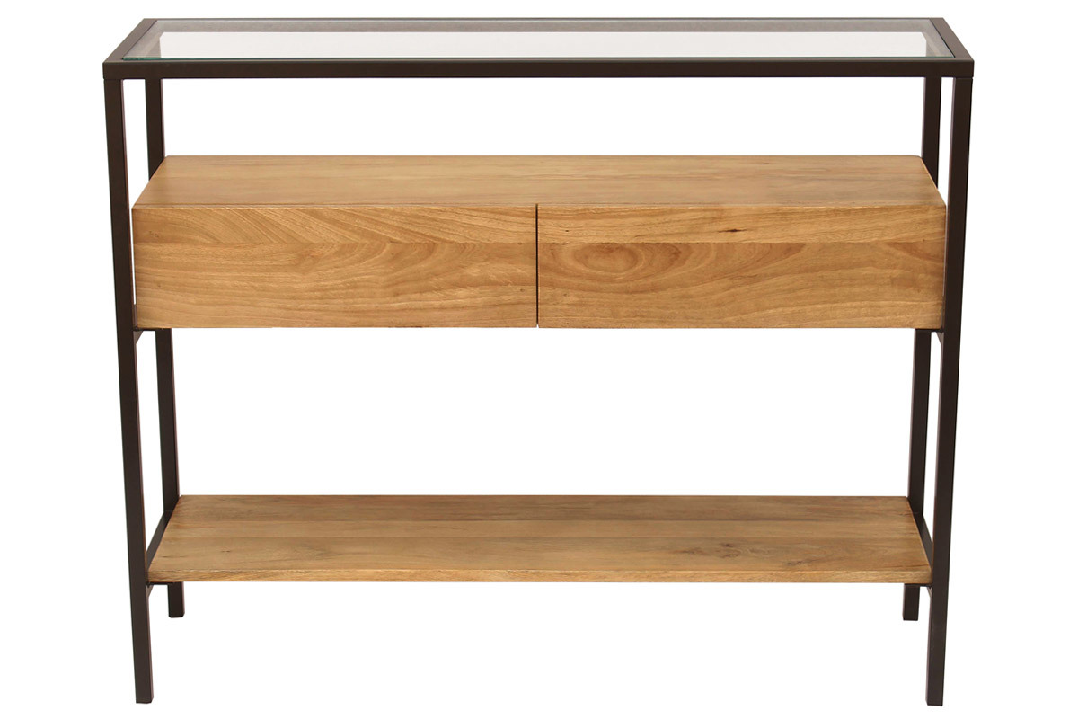 Consola de madera maciza de mango y tablero de cristal con 2 cajones 100 cm SITA