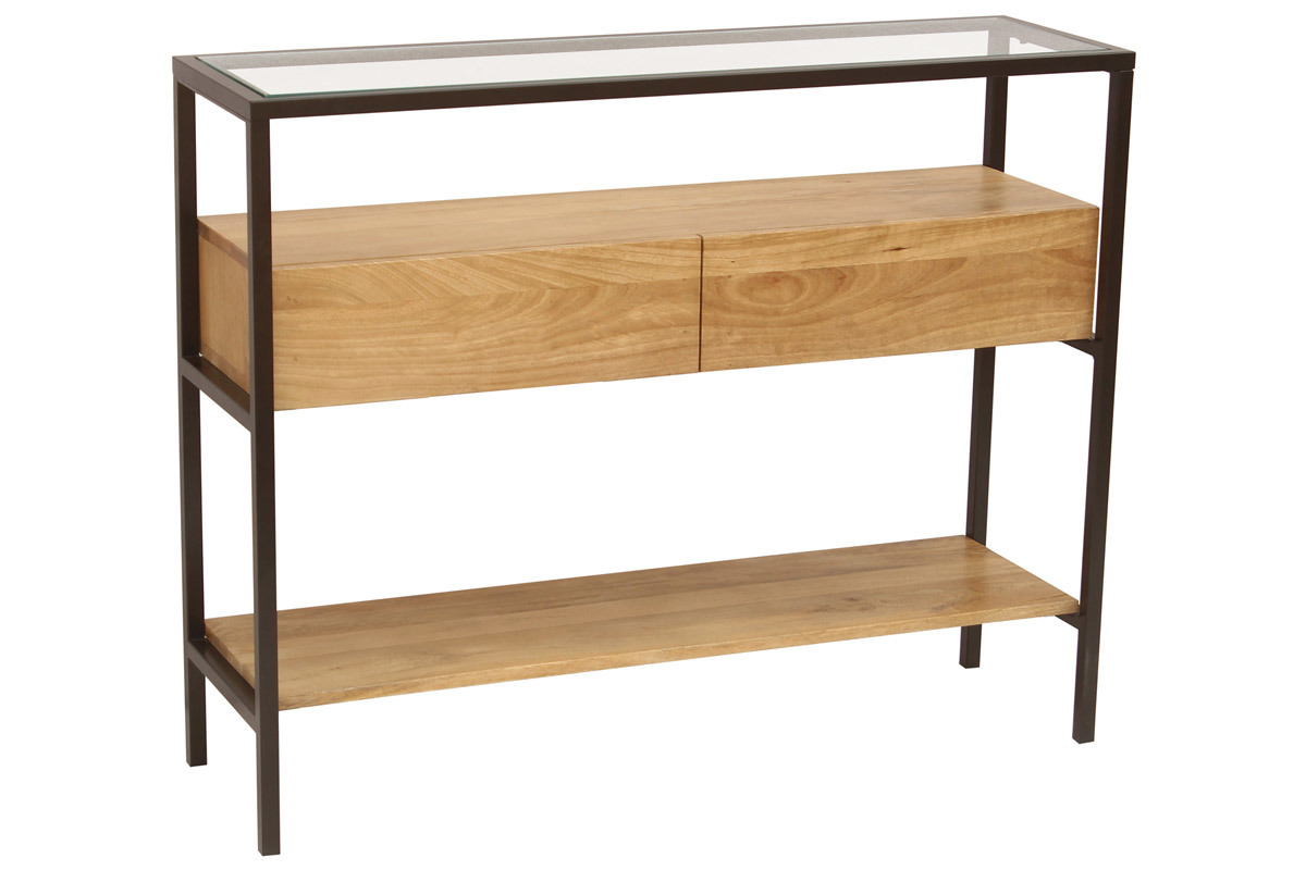 Consola de madera maciza de mango y tablero de cristal con 2 cajones 100 cm SITA
