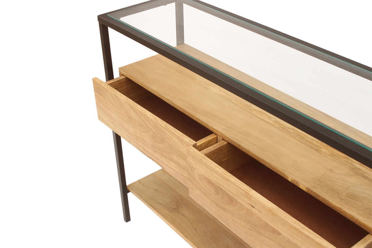 Consola de madera maciza de mango y tablero de cristal con 2 cajones 100 cm SITA