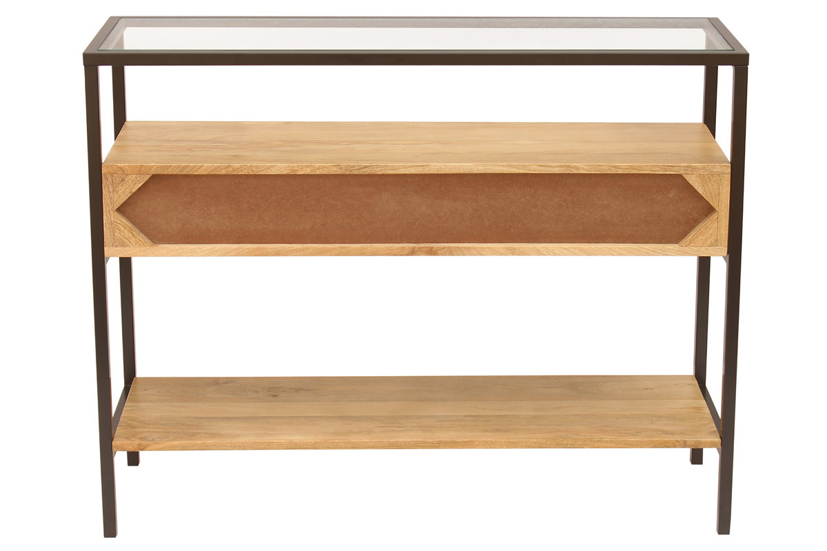Consola de madera maciza de mango y tablero de cristal con 2 cajones 100 cm SITA