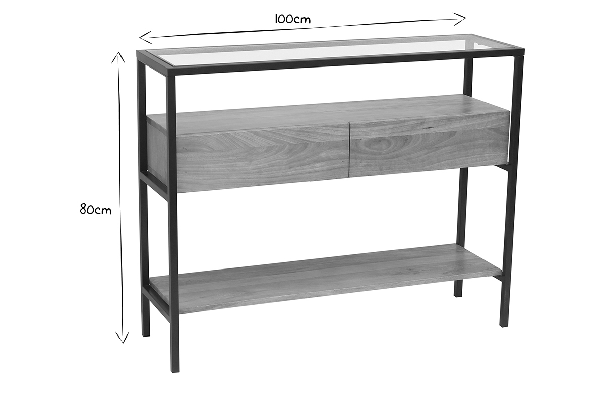 Consola de madera maciza de mango y tablero de cristal con 2 cajones 100 cm SITA