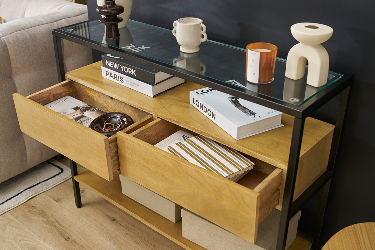 Consola de madera maciza de mango y tablero de cristal con 2 cajones 100 cm SITA
