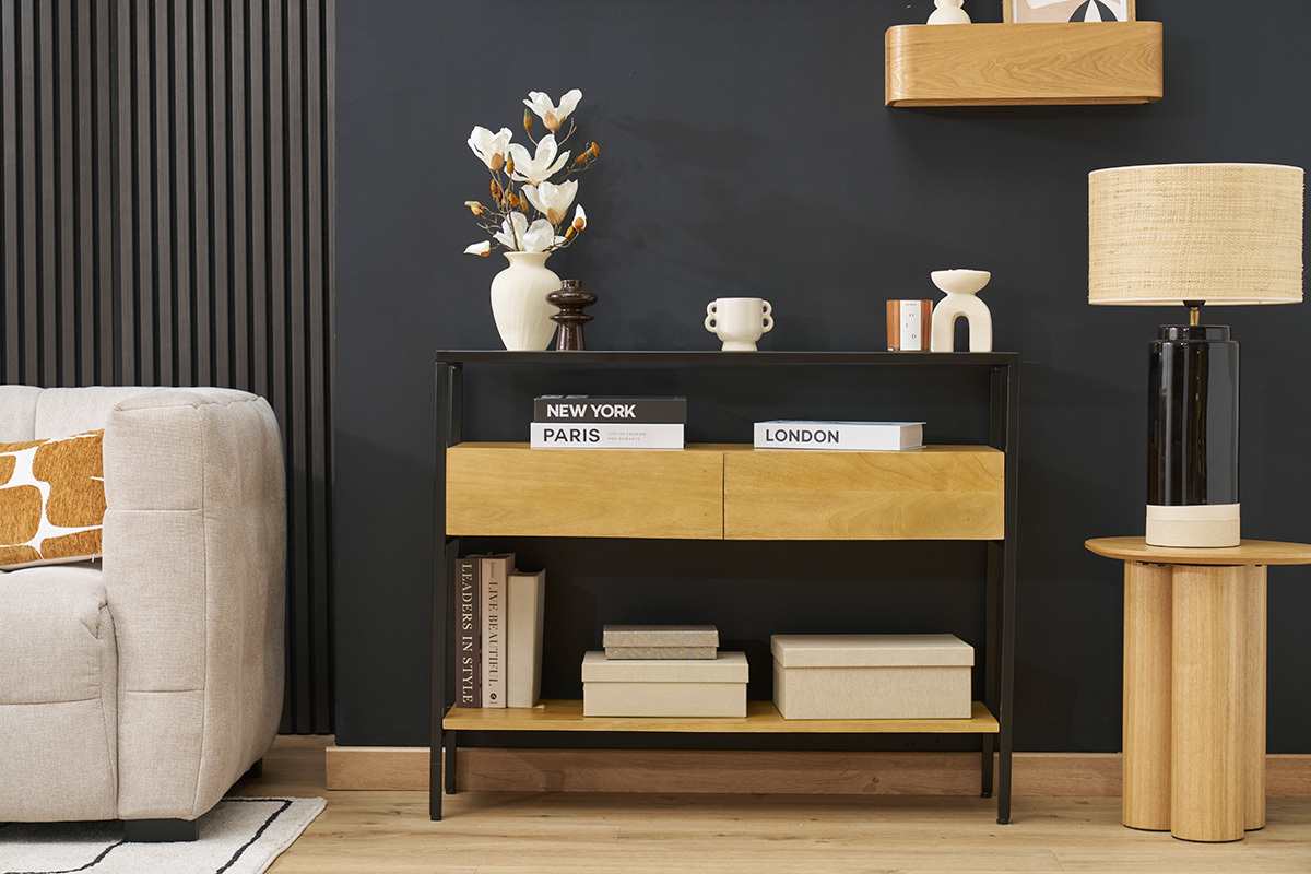 Consola de madera maciza de mango y tablero de cristal con 2 cajones 100 cm SITA