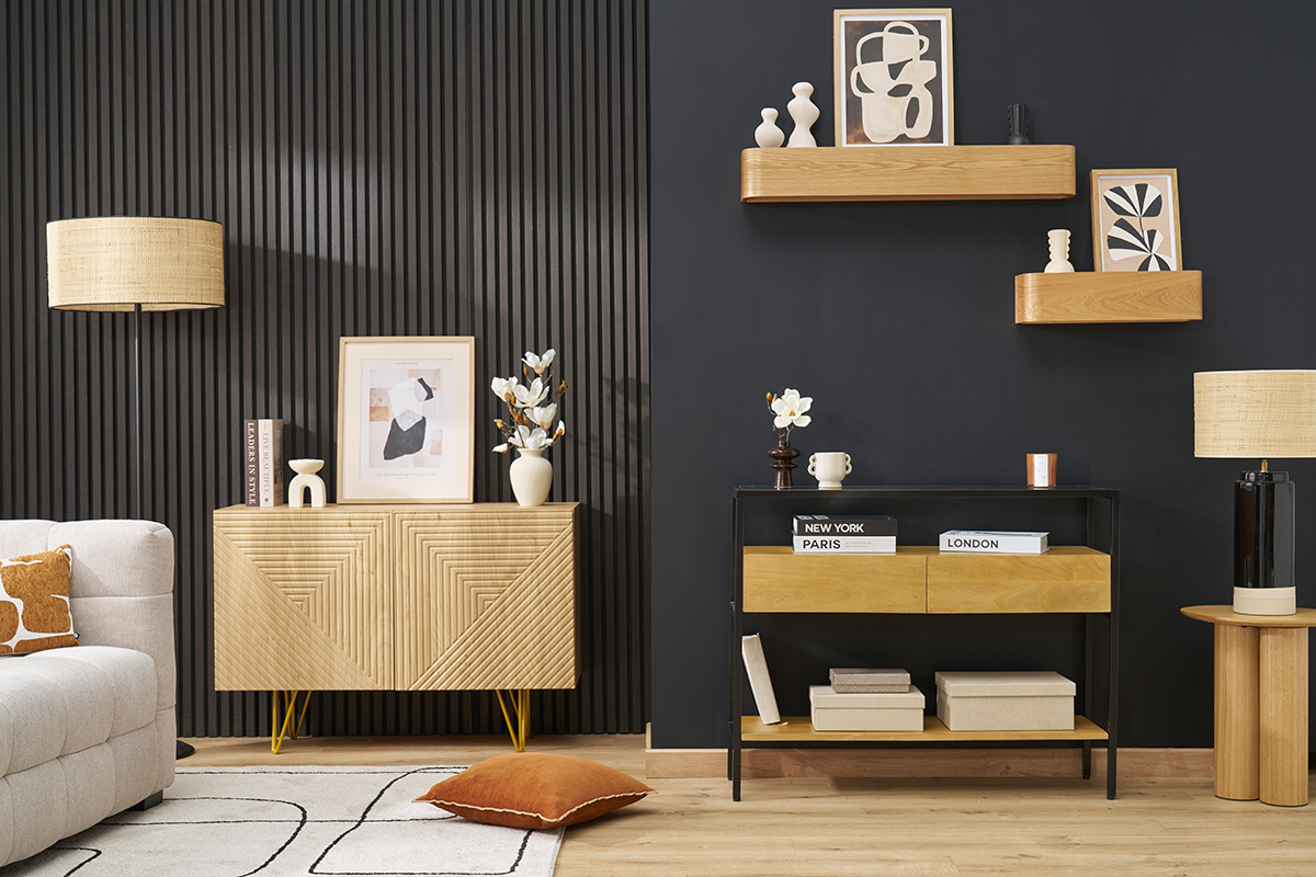 Consola de madera maciza de mango y tablero de cristal con 2 cajones 100 cm SITA