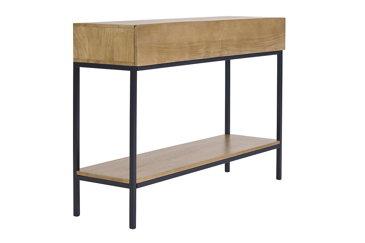 Consola industrial de 110 cm en madera maciza de mango y metal negro, vista en 3/4