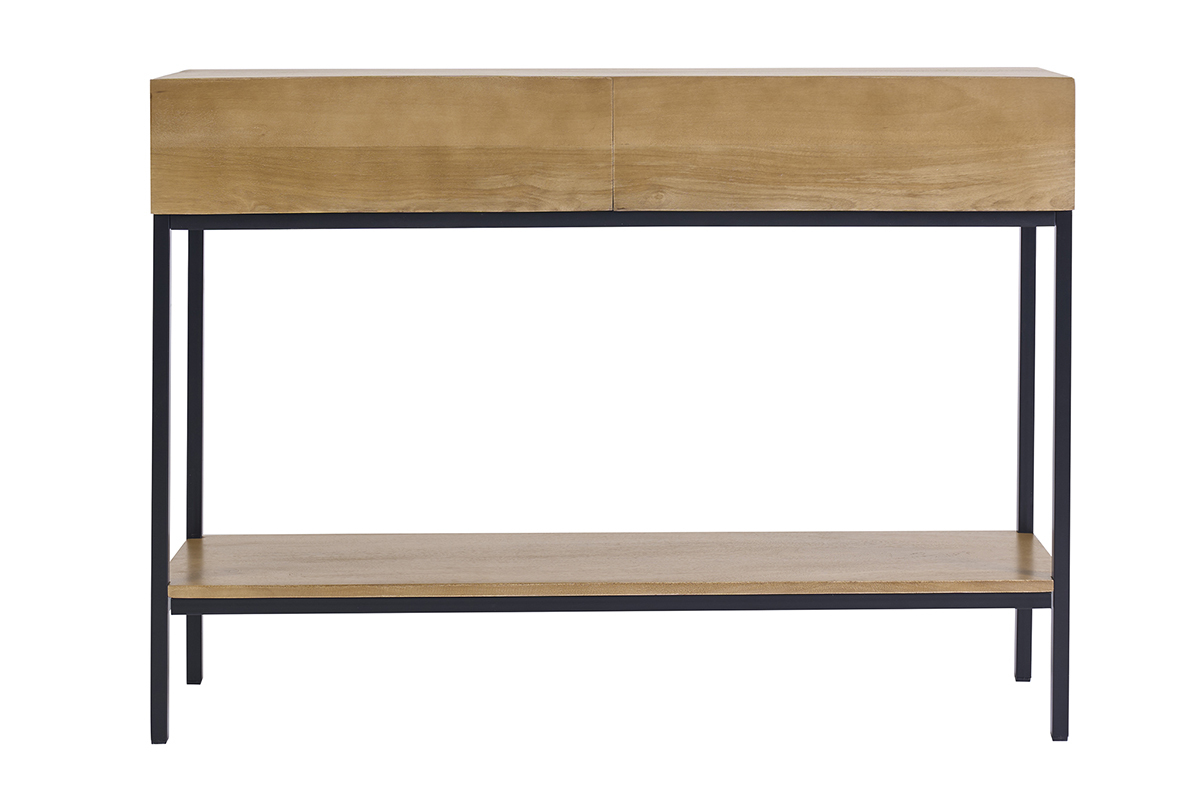 Consola industrial de madera maciza de mango, 2 cajones y tablero, estructura de metal negro, vista frontal.