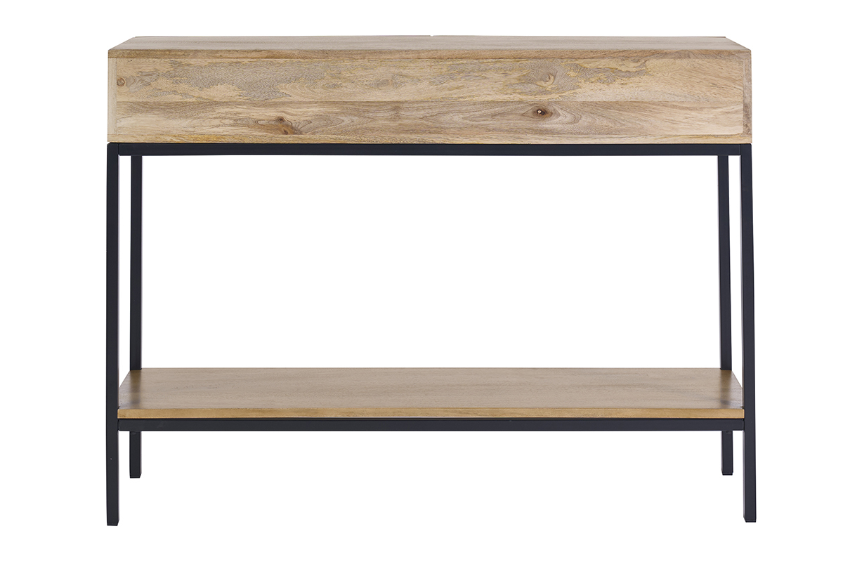 Consola industrial de madera maciza de mango y metal negro, 2 cajones, vista trasera.