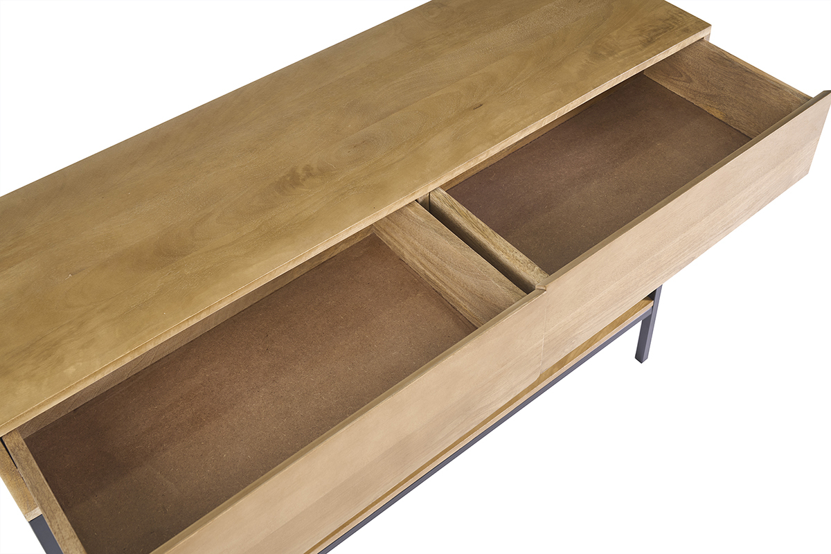 Consola industrial en madera maciza de mango con 2 cajones, vista superior.