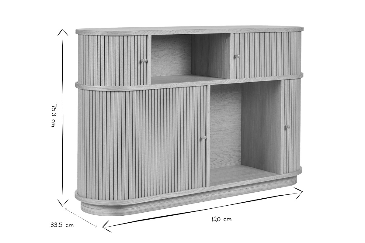 Consola EPIC de madera clara con puertas correderas, 120x33.5x75.3 cm, vista lateral, negro y blanco.