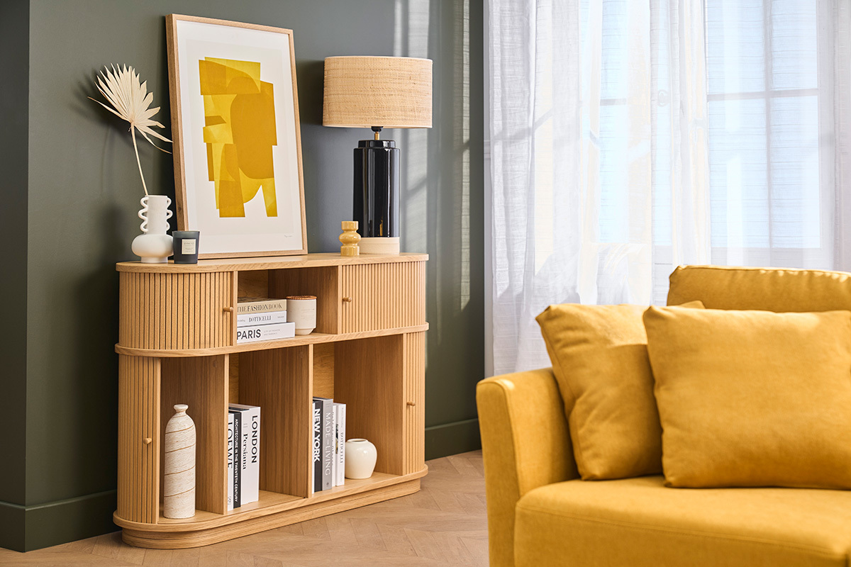 Consola vintage de madera clara roble con puertas correderas L120 cm EPIC