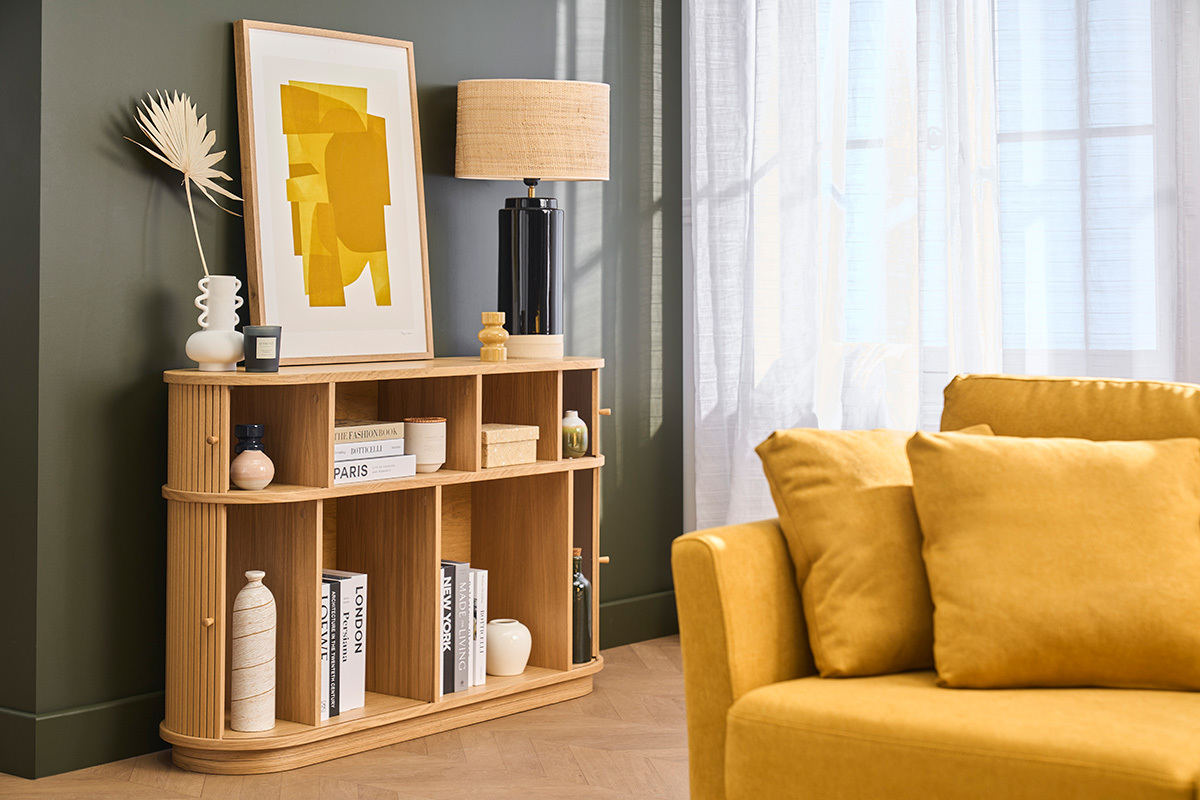 Consola vintage de madera clara roble con puertas correderas L120 cm EPIC