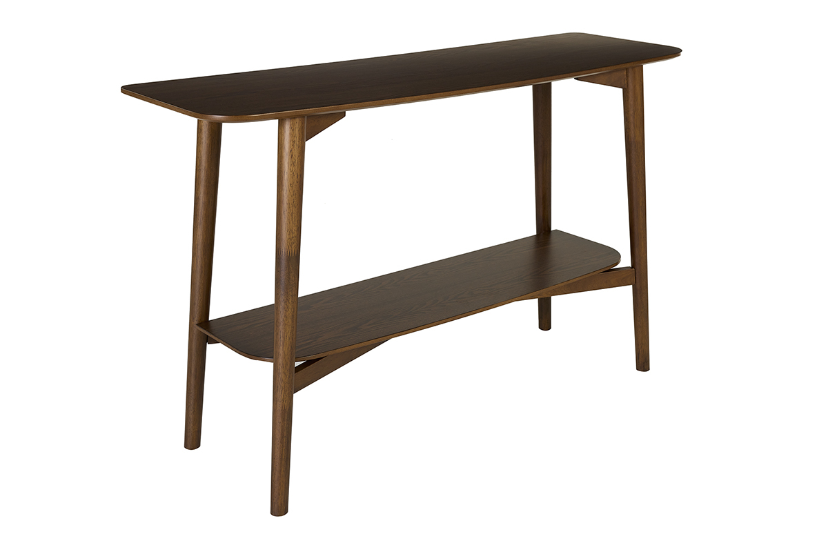 Consola de madera oscura de dos niveles, vista en 3/4.