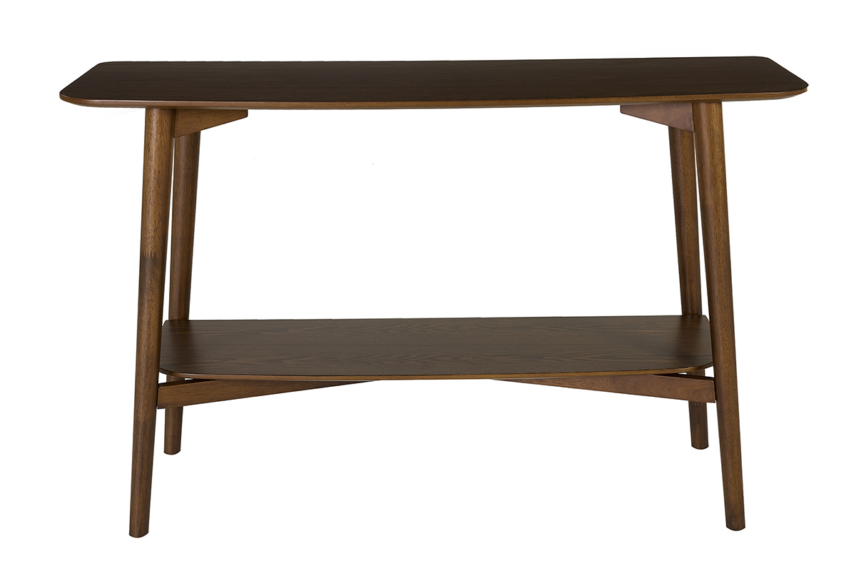 Consola de madera oscura con dos estantes, vista frontal.