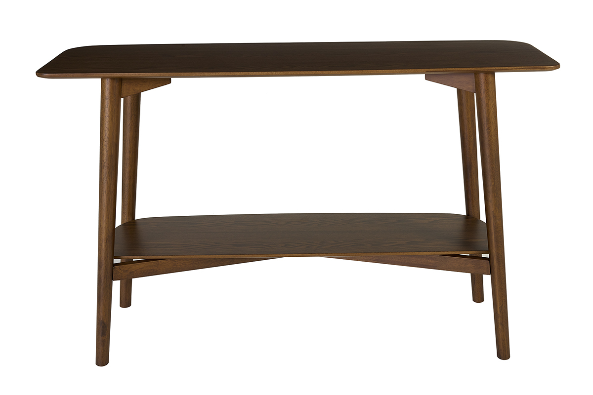 Consola de madera oscura CENDY con doble tablero vista desde atr�s.