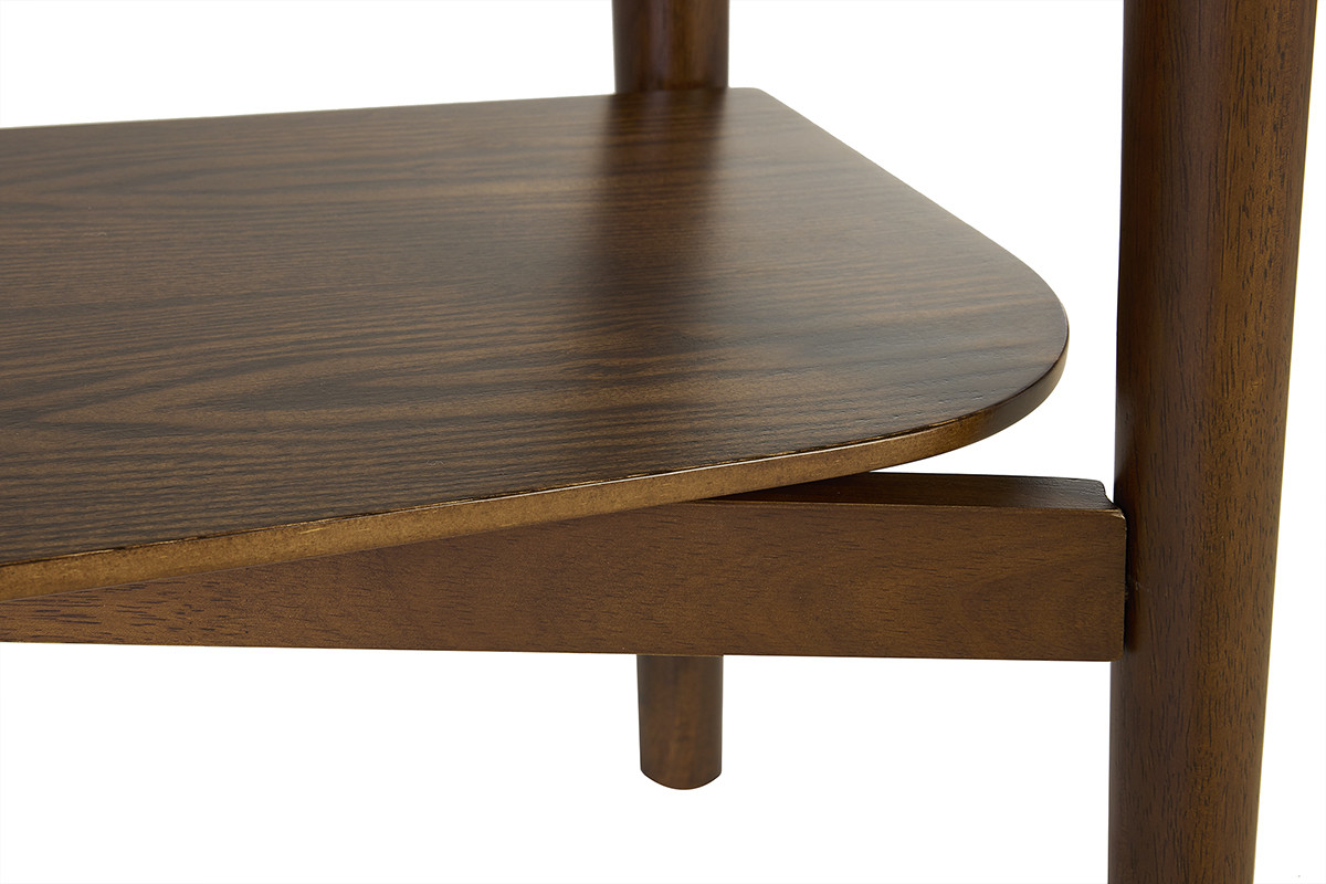 Detalle de la consola de madera oscura CENDY con bordes redondeados del sobre.