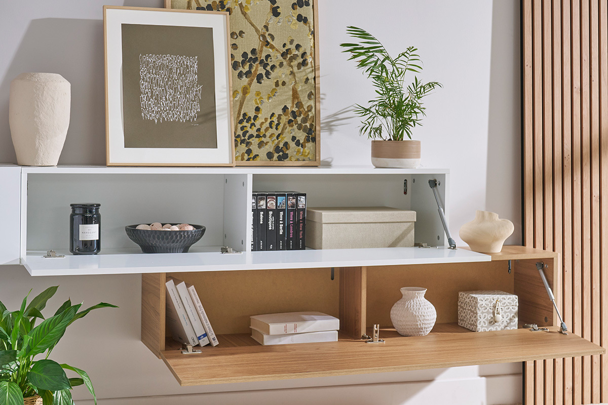 Elemento de pared TV horizontal lacado blanco brillante ETERNEL