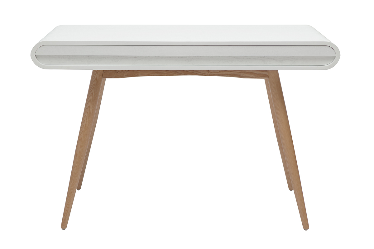 Escritorio escandinavo de madera clara y blanco con patas de fresno, vista trasera.