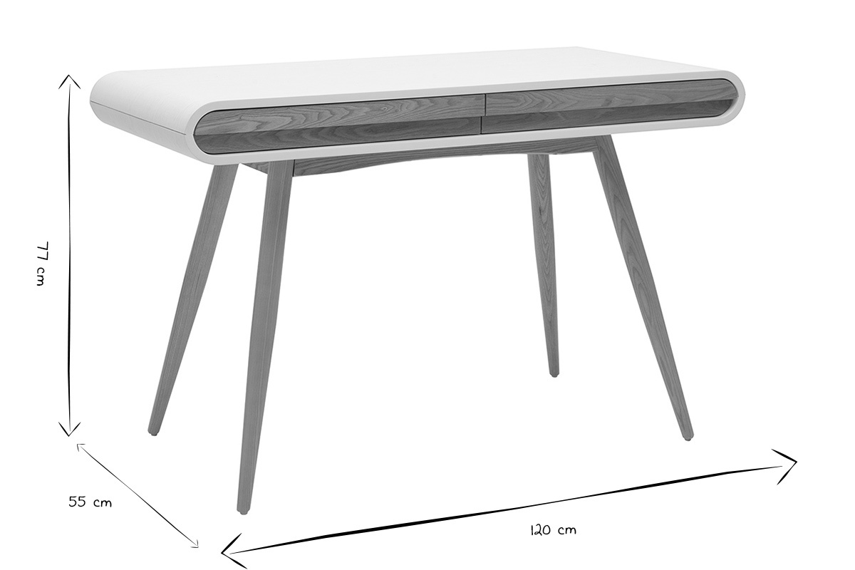 Dimensiones del escritorio escandinavo BJORG en negro y blanco, 120x55x77 cm.