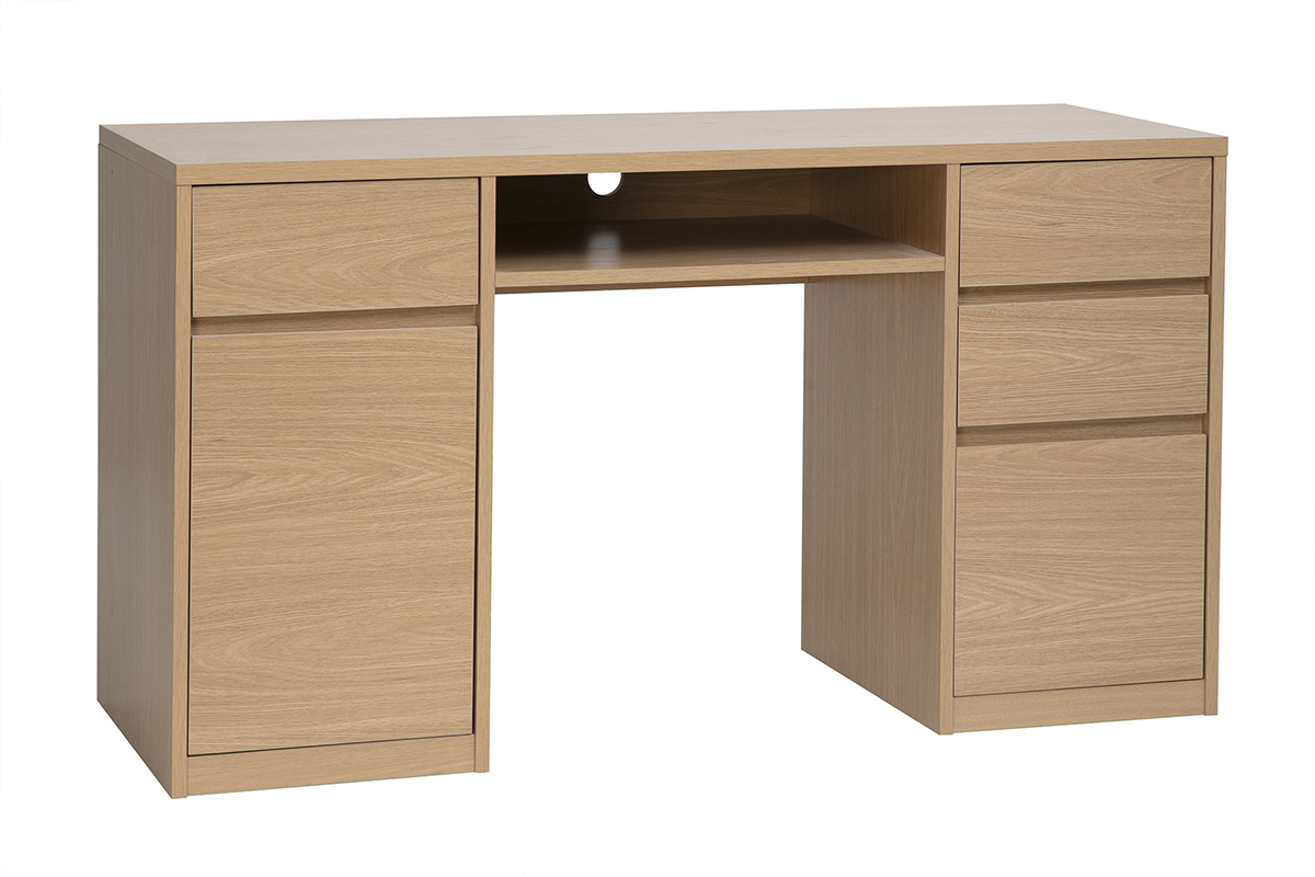 Escritorio JEREMIAH acabado en madera clara roble L140 cm con almacenaje y nicho central, vista de 3/4.