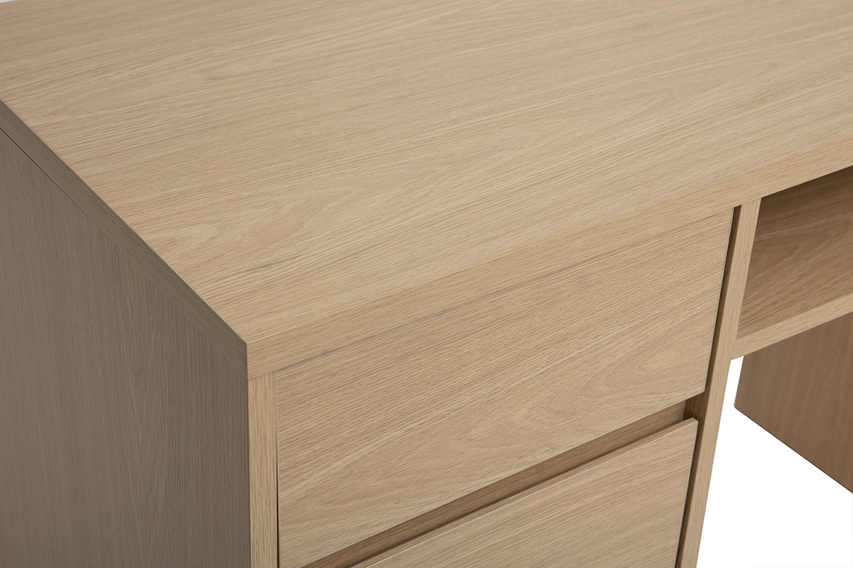 Escritorio JEREMIAH con acabado de madera clara de roble con compartimentos de almacenamiento, vista superior
