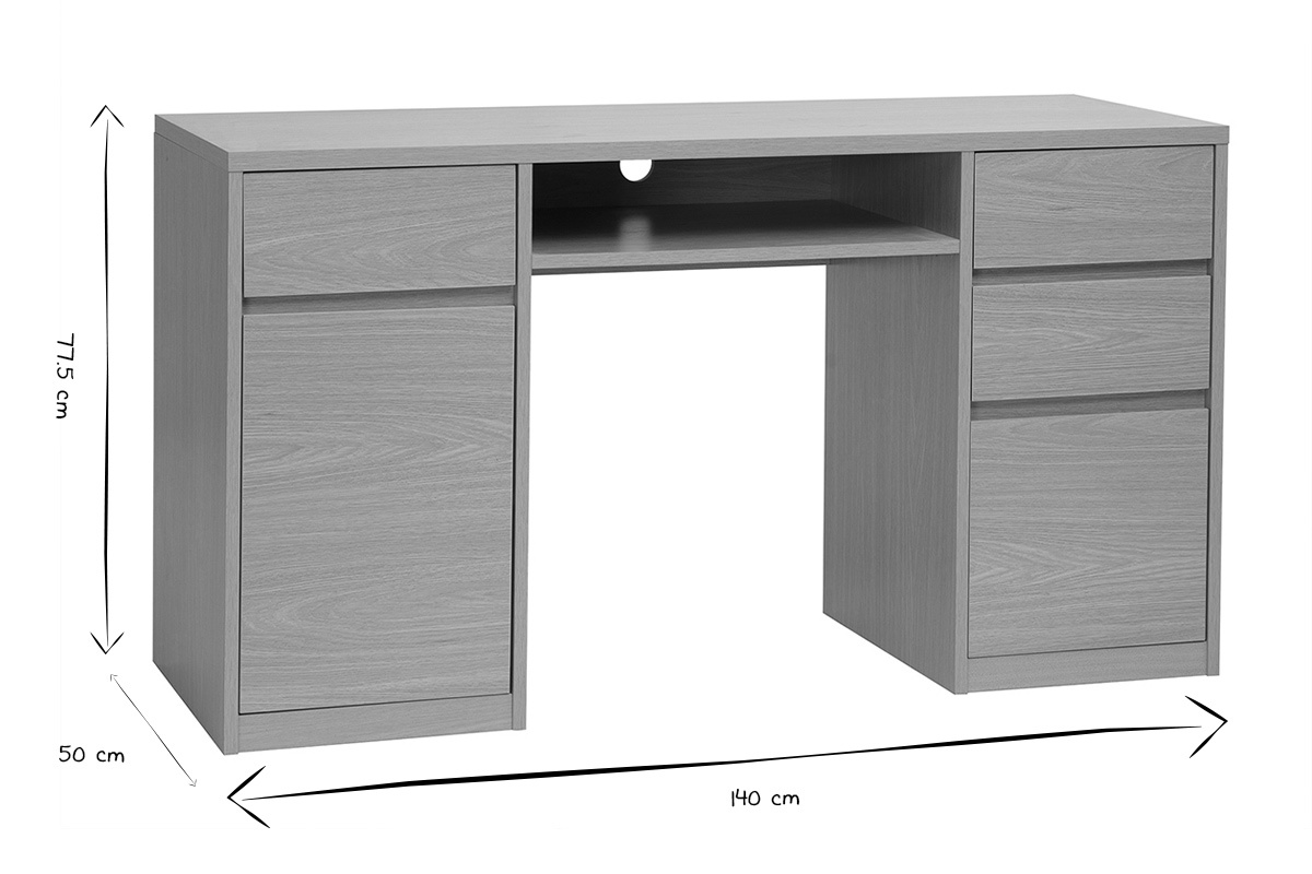 Dimensiones del escritorio JEREMIAH: 140 cm de ancho, 50 cm de profundidad, 77,5 cm de alto, en negro y blanco.