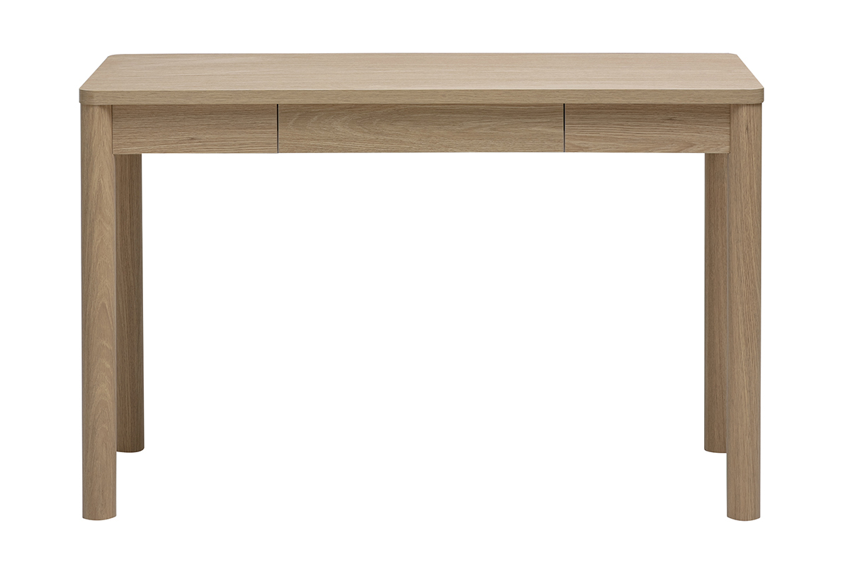 Escritorio con caj�n acabado en madera clara de roble, vista frontal, dimensiones L120 x P50 x H75,5 cm.