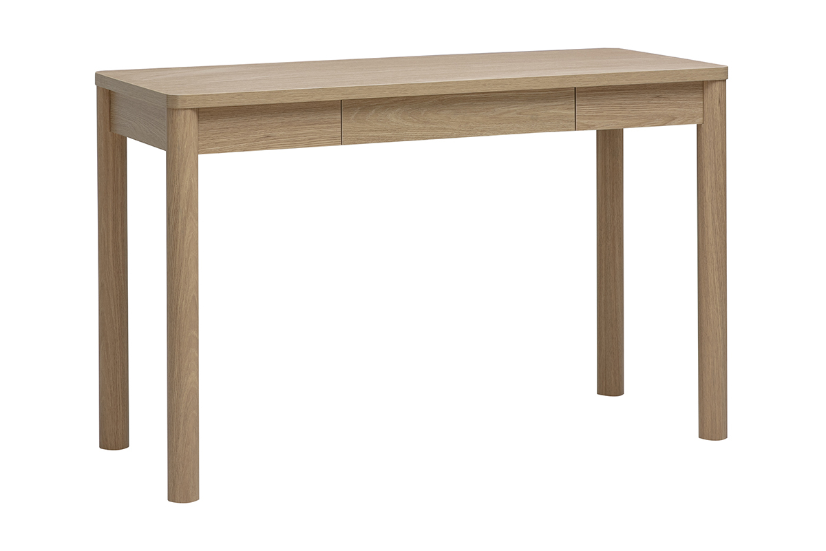 Escritorio IZZIE con caj�n, acabado madera clara roble, vista de 3/4.