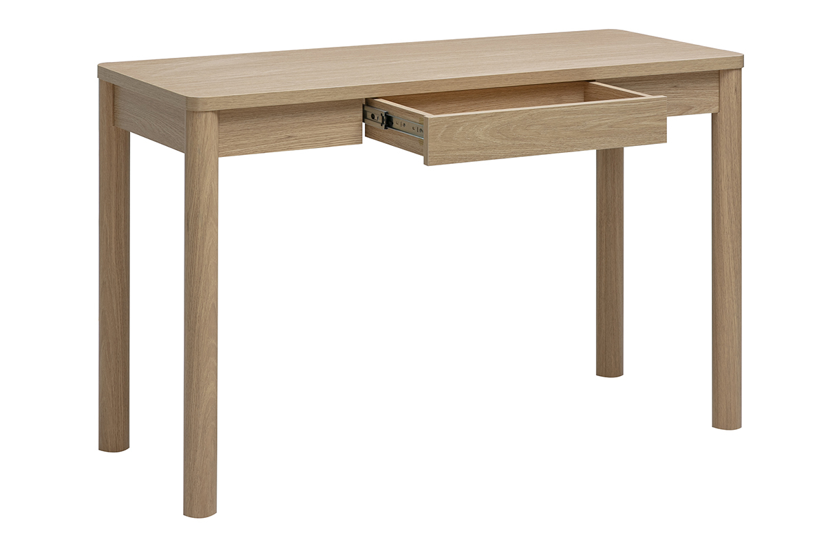 Escritorio IZZIE de madera clara con caj�n, vista en tres cuartos, dimensiones L120 cm.