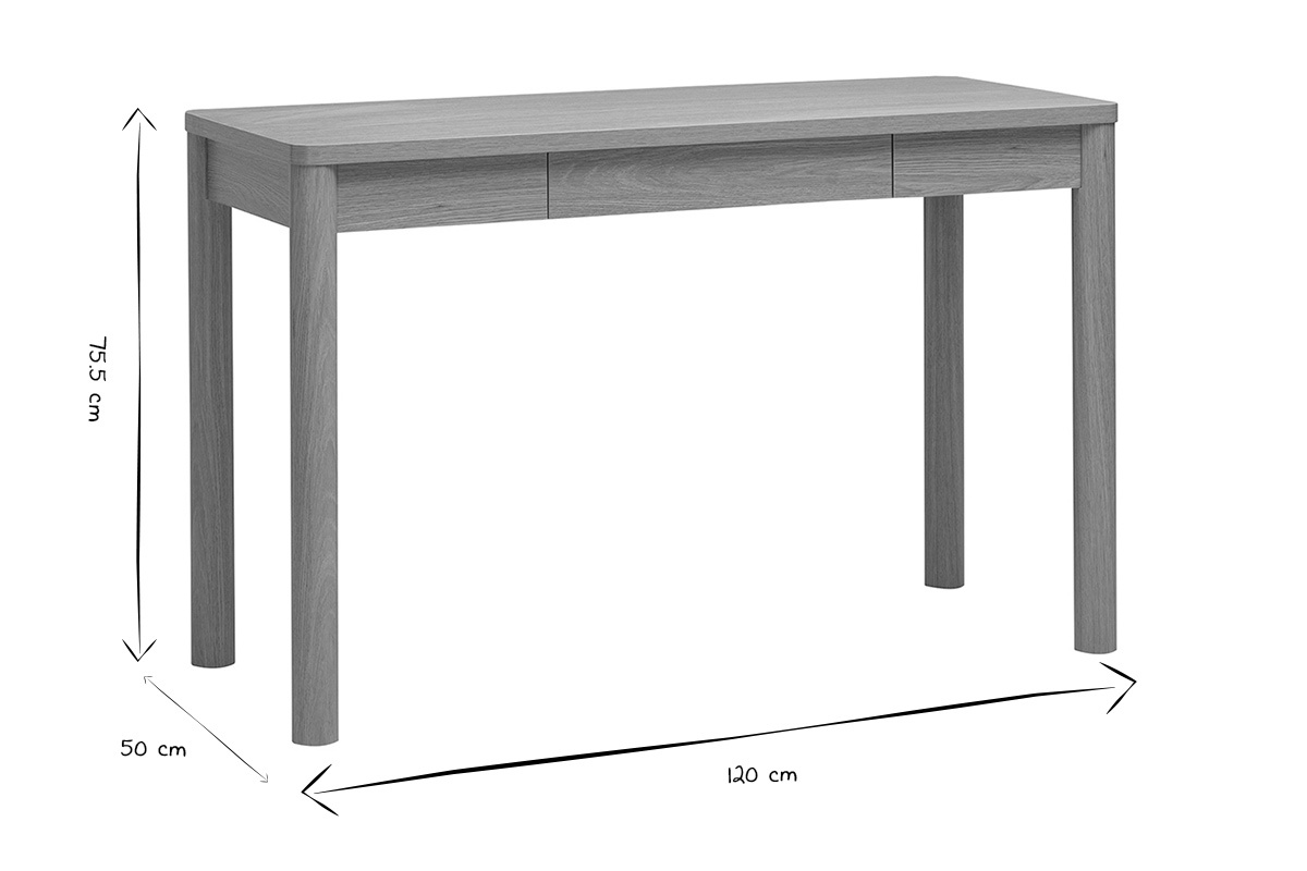Medidas del escritorio IZZIE: L120 x P50 x H75.5 cm, vista frontal en blanco y negro.