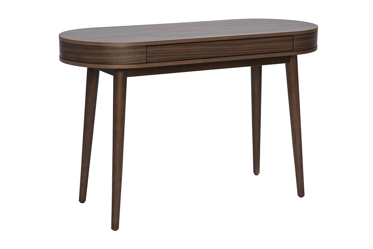 Escritorio de madera oscura con caj�n, tablero ovalado y patas estilizadas, vista 3/4.