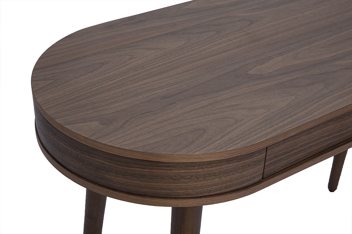 Escritorio de madera oscura, tablero ovalado y caj�n, vista ampliada.