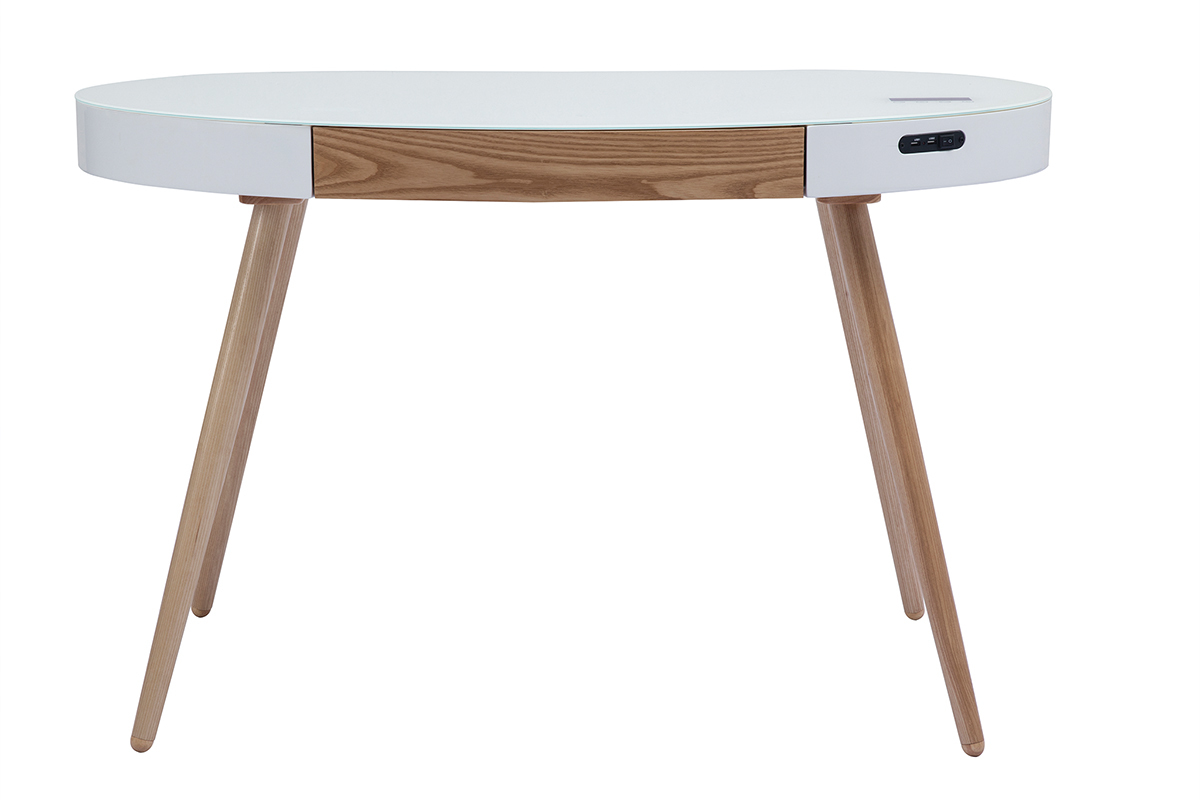 Escritorio conectado multimedia vidrio blanco y madera clara L120 cm HANDY