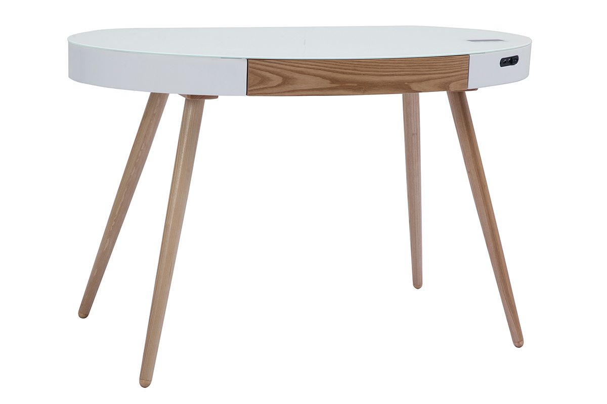 Escritorio conectado multimedia vidrio blanco y madera clara L120 cm HANDY