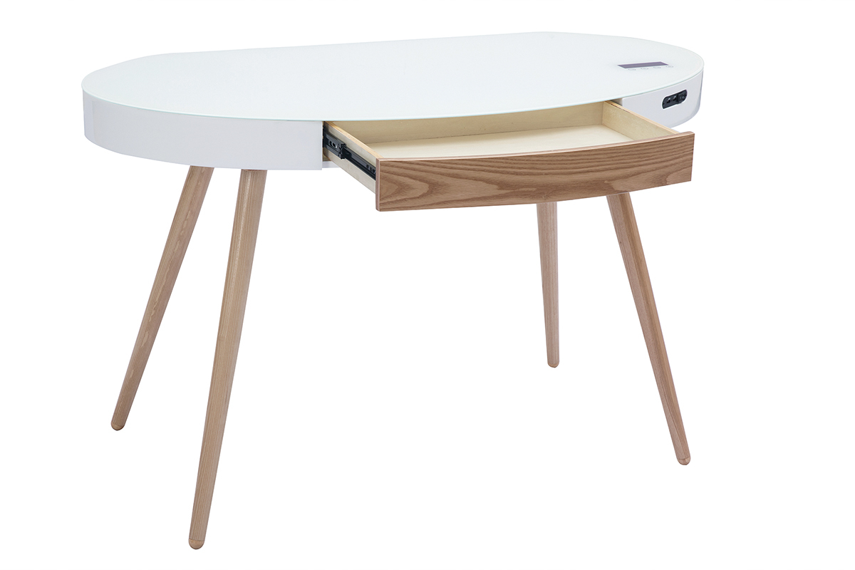 Escritorio conectado multimedia vidrio blanco y madera clara L120 cm HANDY