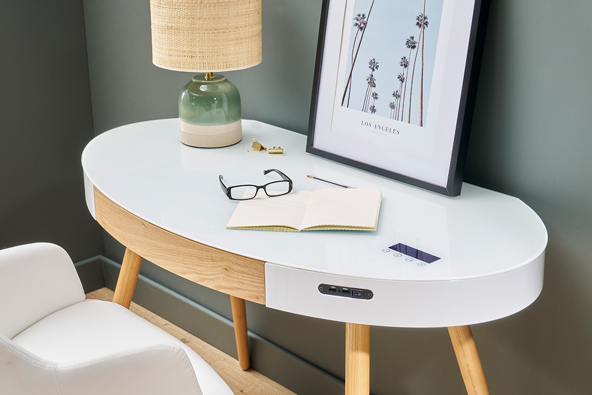Escritorio conectado multimedia vidrio blanco y madera clara L120 cm HANDY