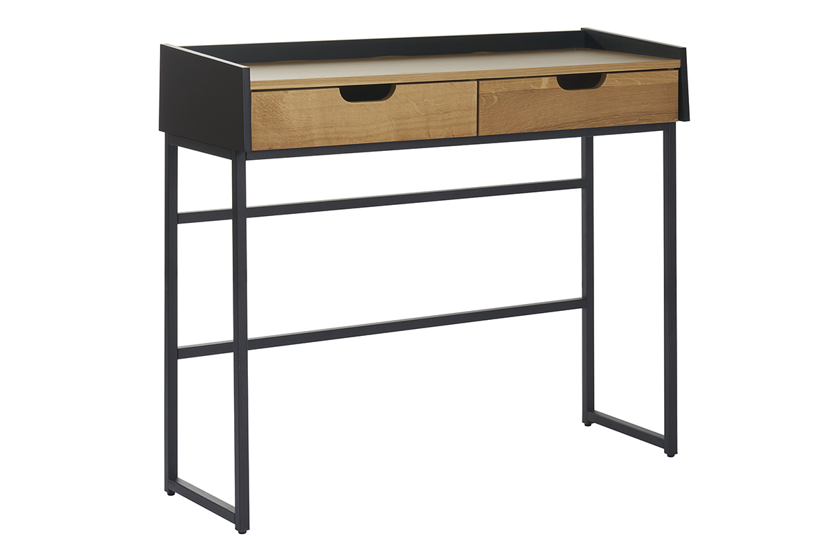 Escritorio consola con 2 cajones de roble claro y metal negro 100 cm RIZZ