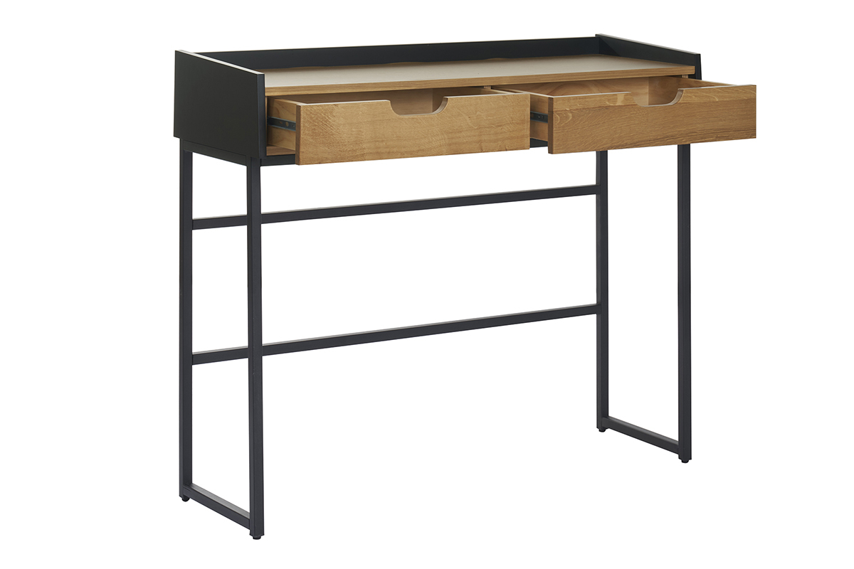 Escritorio consola con 2 cajones de roble claro y metal negro 100 cm RIZZ