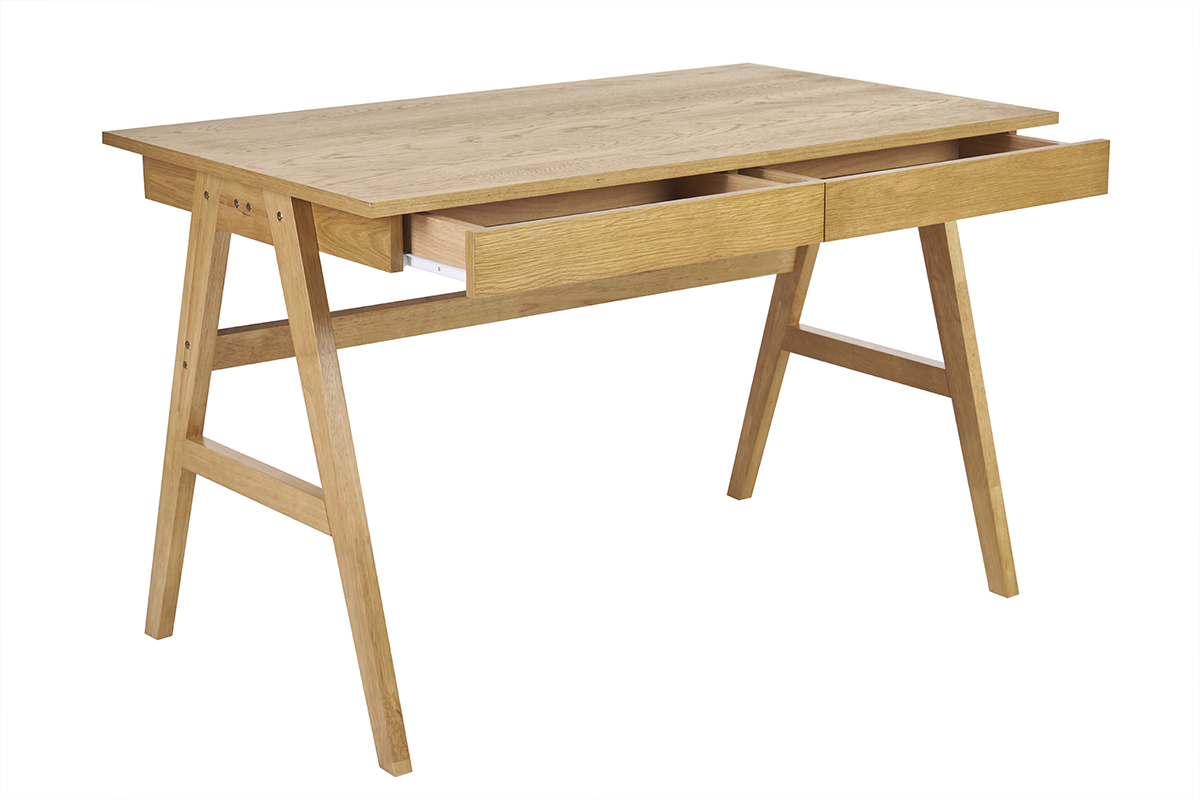 Escritorio de diseo con almacenamiento 2 cajones madera clara hevea L120 cm BROOK