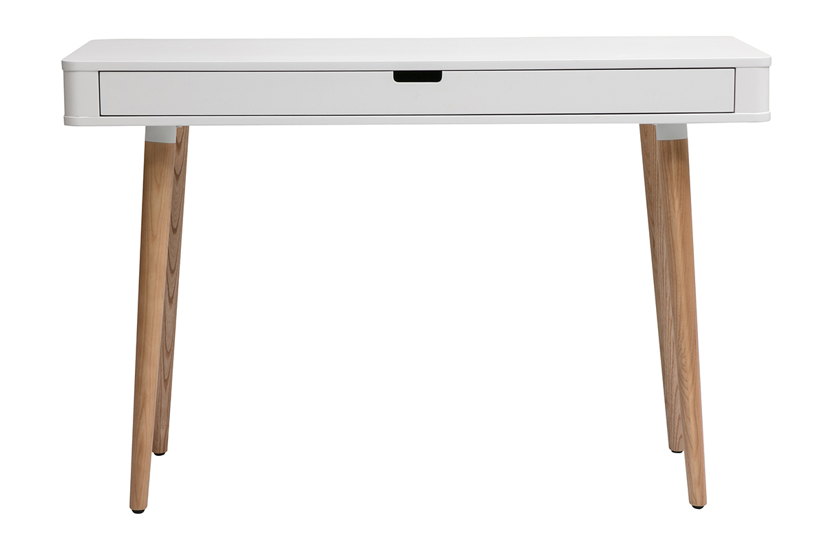 Escritorio escandinavo blanco con caj�n y patas de roble, vista frontal.