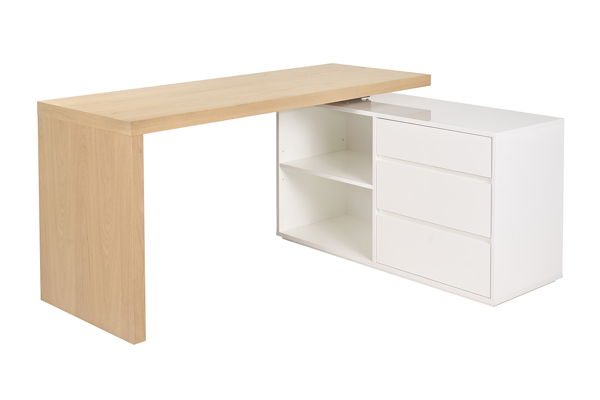 Escritorio modular blanco y madera clara con almacenamiento visto de lado