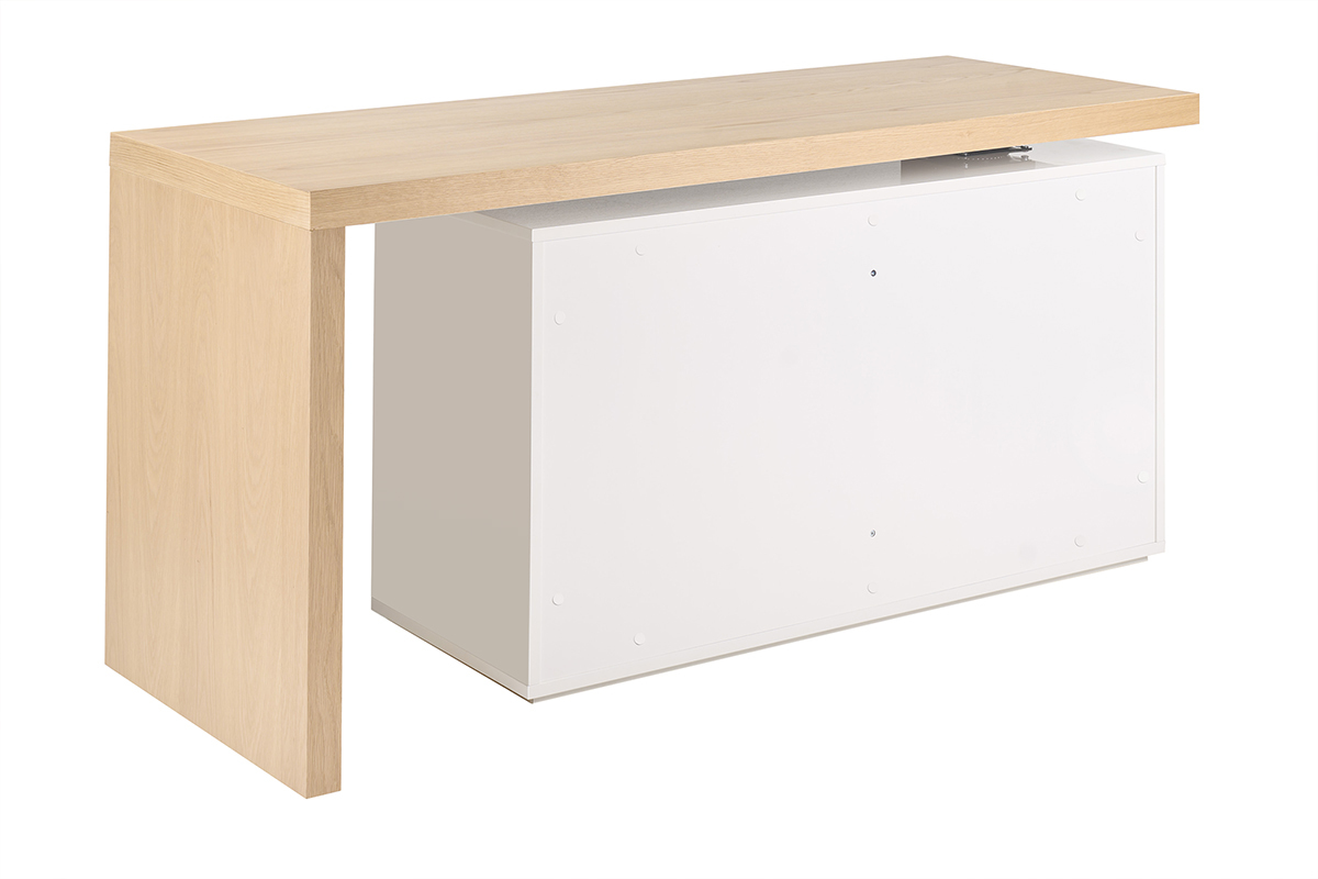 Escritorio modular blanco y de madera, vista trasera 3/4, L160-235 cm.