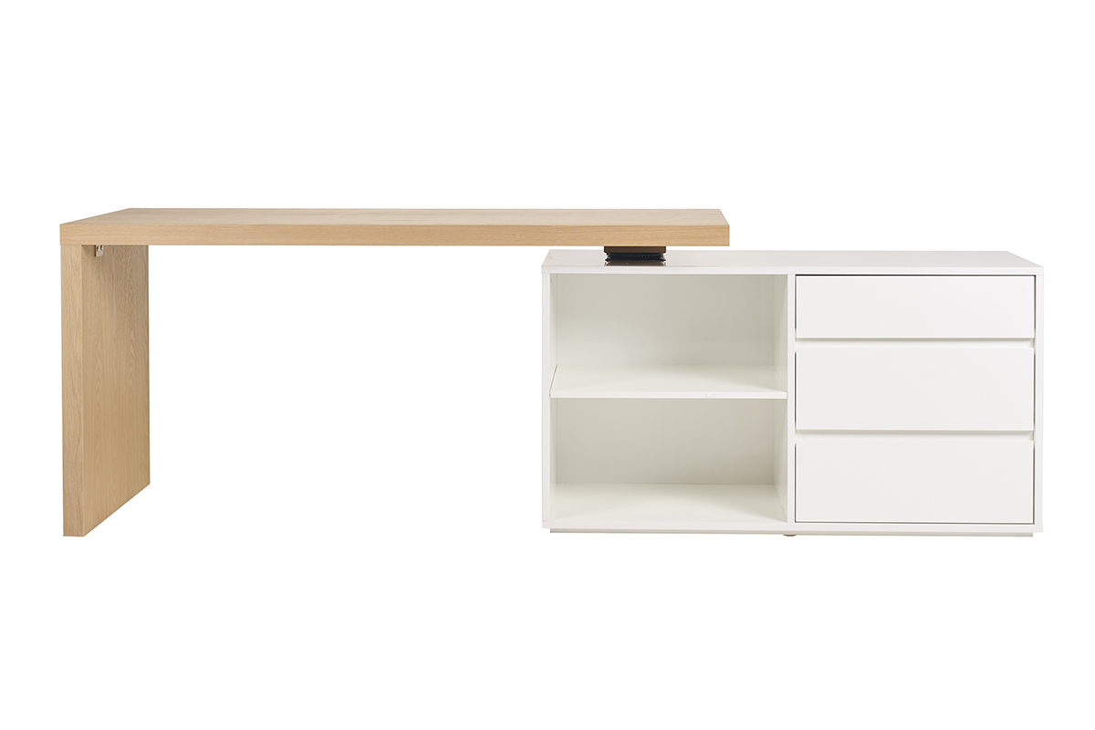 Escritorio modular NEW MAX de madera clara y blanco, con nichos y cajones, m�dulos alineados.