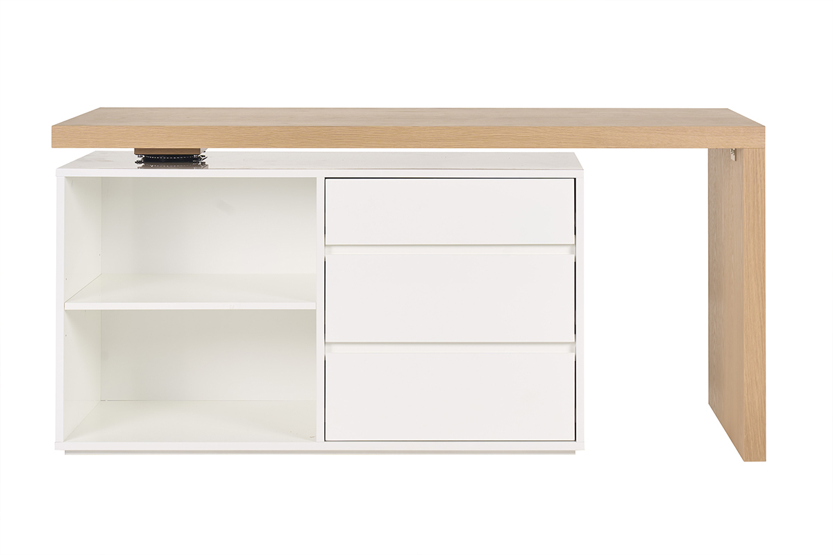 Escritorio modular blanco y madera con dos nichos, tres cajones, vista frontal.