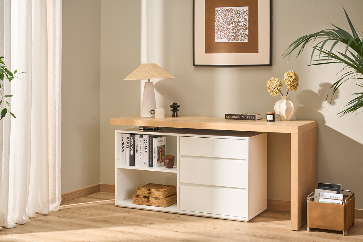 Escritorio de dise�o modulable blanco brillante y fresno NEW MAX